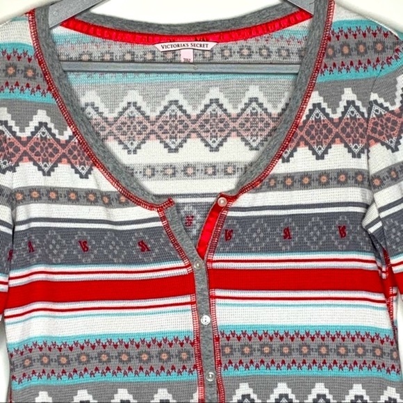 Victoria Secret Striped Thermal Shirt Size S Red Gray V Neck Long Sleeve Warm - Picture 2 of 6